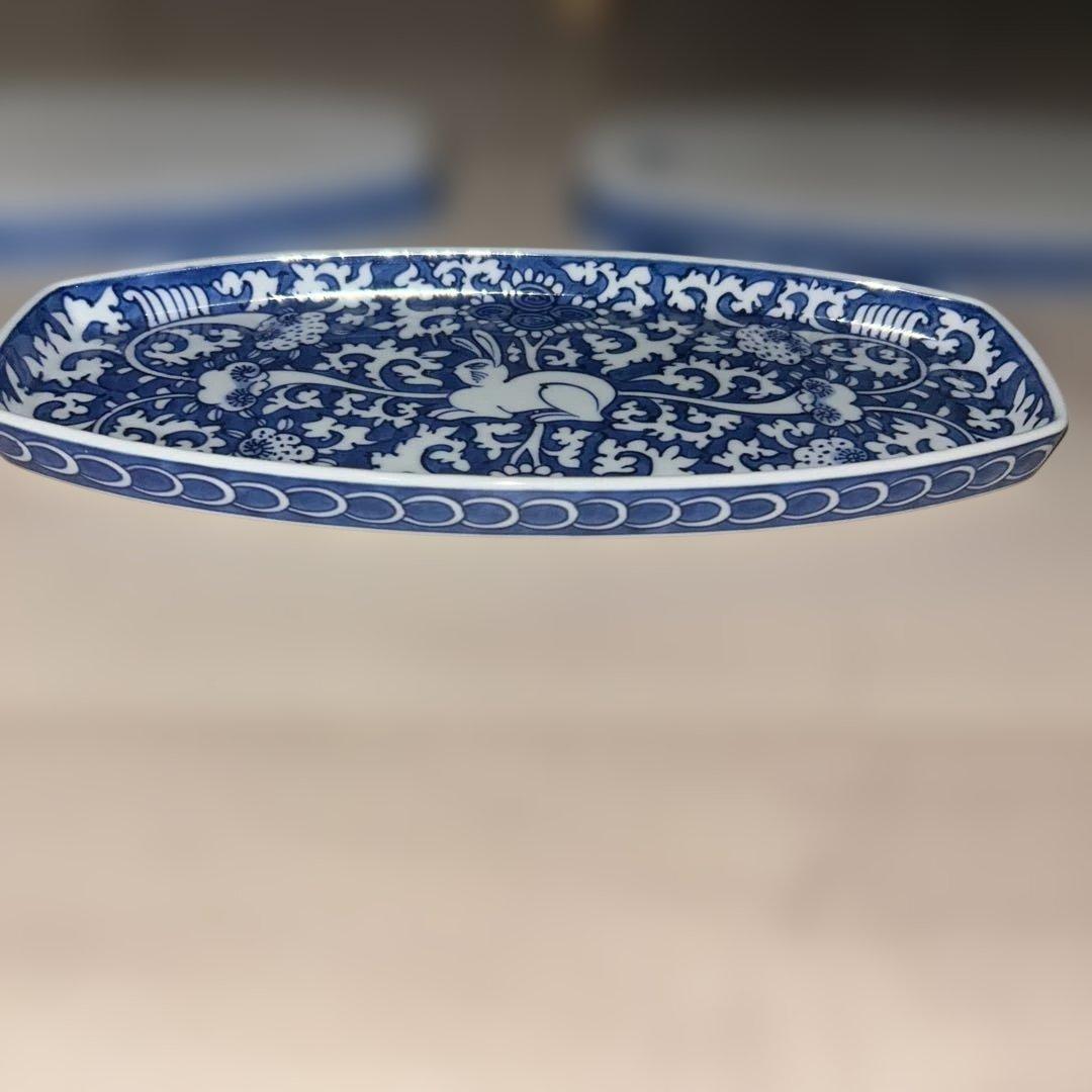源右衛門　楕円形皿28cm ５枚セット 唐草模様　青白い花柄　有田焼
