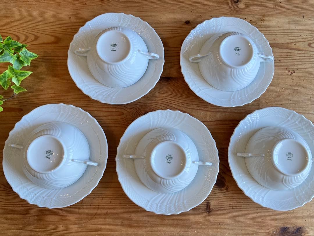 ジノリ　ベッキオホワイト　ダブルハンドルスープカップアンドソーサー×5