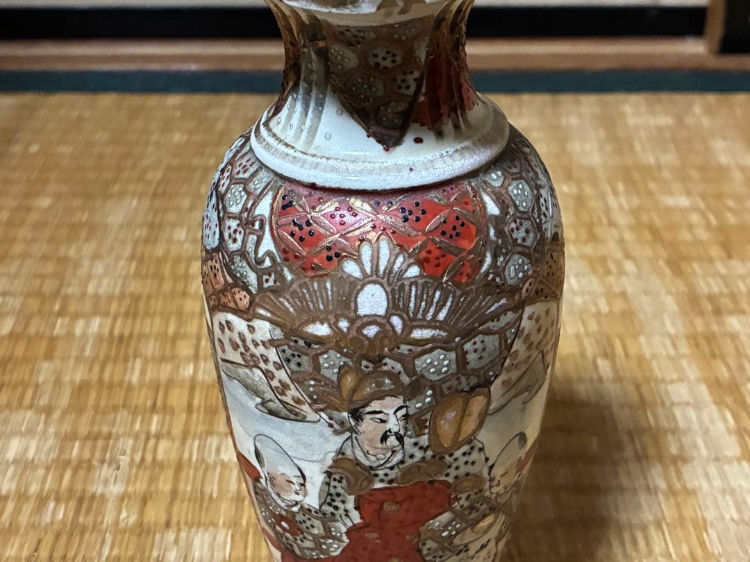 明治期 薩摩焼 金彩 色絵 人物紋 花入 時代物 印あり 箱入