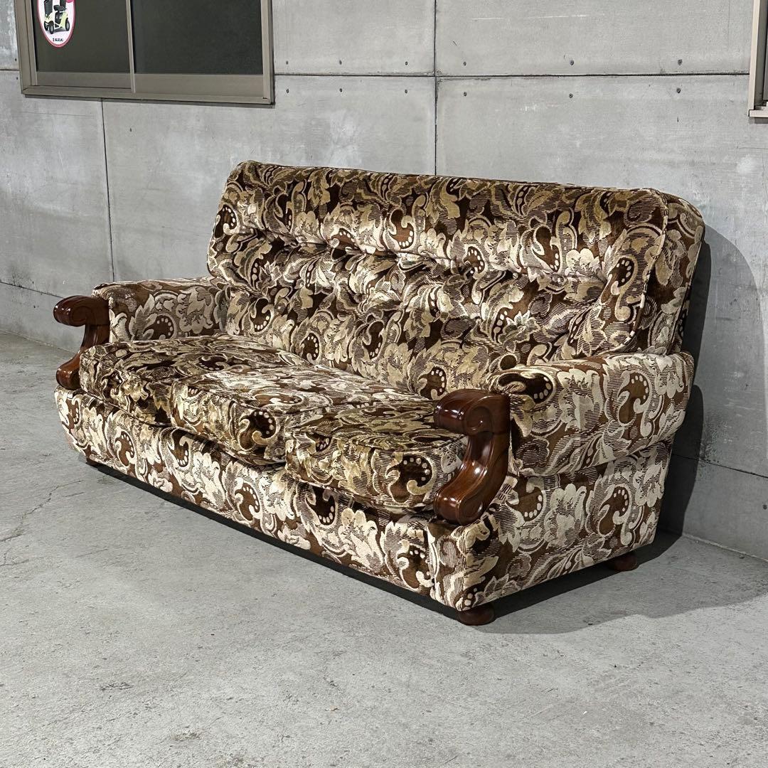 ✿70s✿ 昭和レトロ ヴィンテージ 3人掛けソファ 金華山 ×木製肘