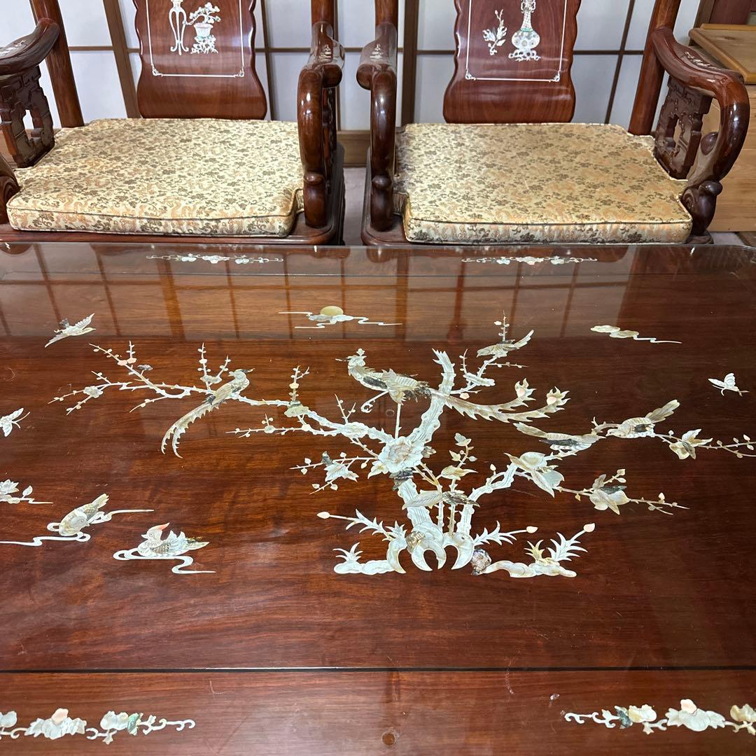 螺鈿細工　骨董品　応接　テーブル　イス　5点セット中古品