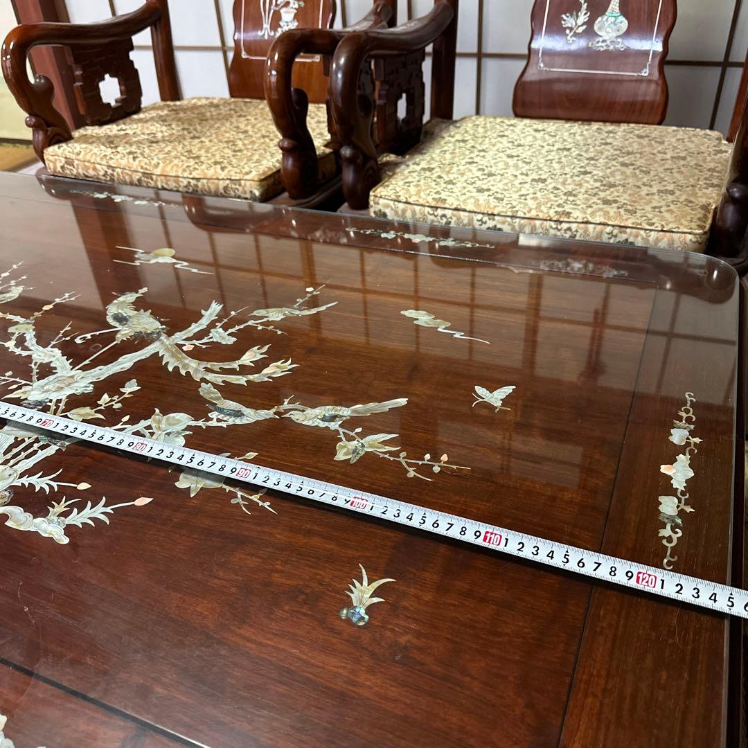螺鈿細工　骨董品　応接　テーブル　イス　5点セット中古品