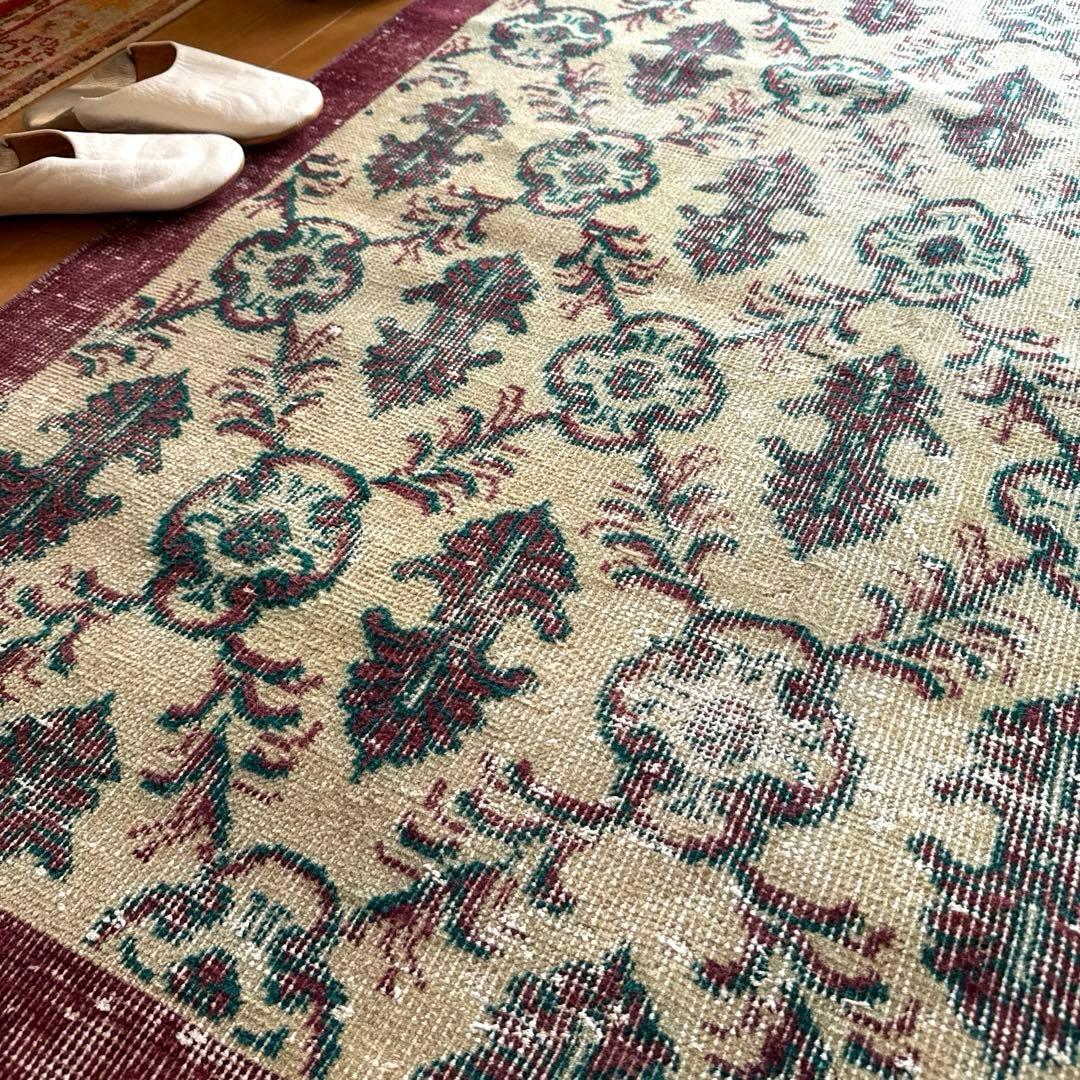 113×198レアえんじ色×グリーン 紋章ボタニカル　トルコヴィンテージラグ