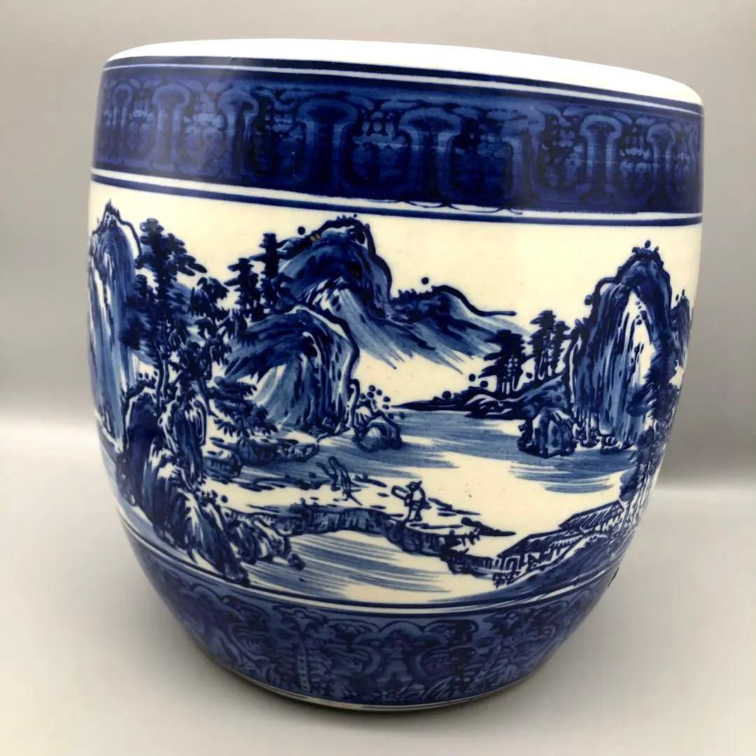 たちばな焼陶器藍色染め付け山水画火鉢24cm伝統工芸骨董品メダカ金魚睡蓮鉢
