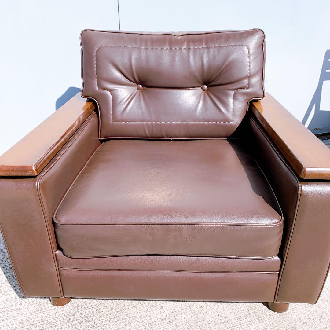 【送料無料】Karimoku カリモク レザー 1人掛けソファ 昭和レトロ 茶②