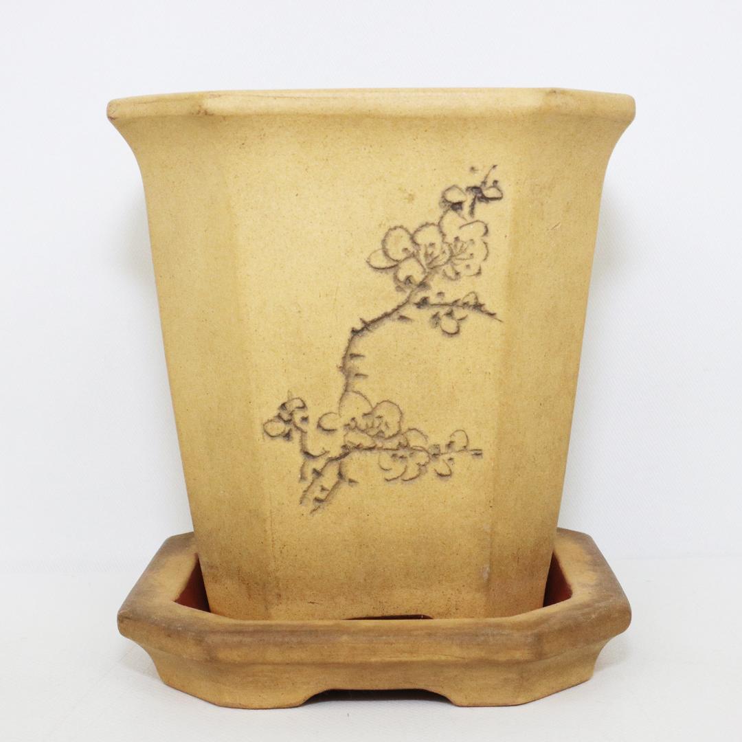 中国 唐物 古盆器 白泥釘彫絵梅花漢詩文