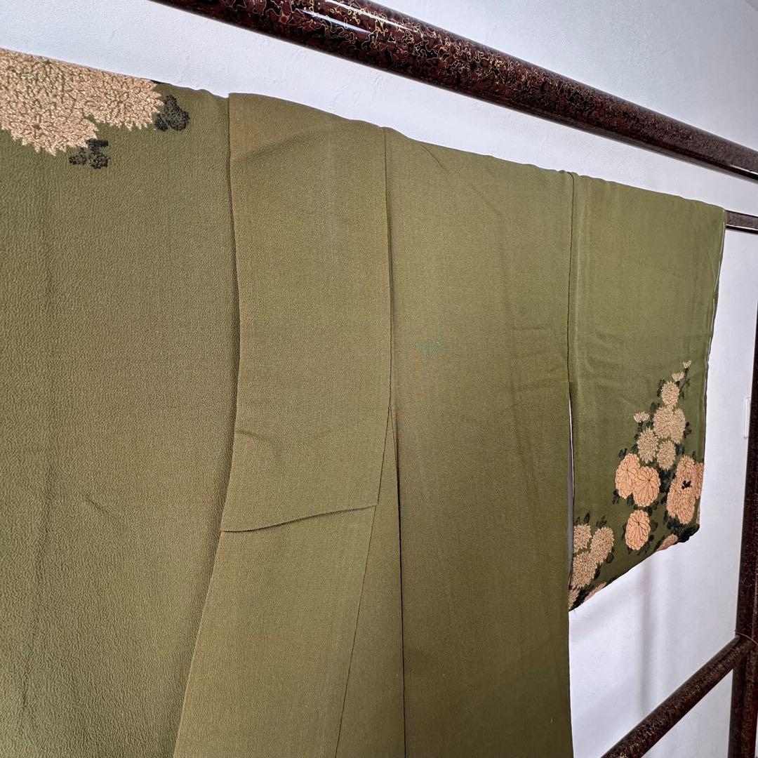 超美品　正絹　袷　着物　お召　訪問着　156 モスグリーン　緑　ヴィンテージ