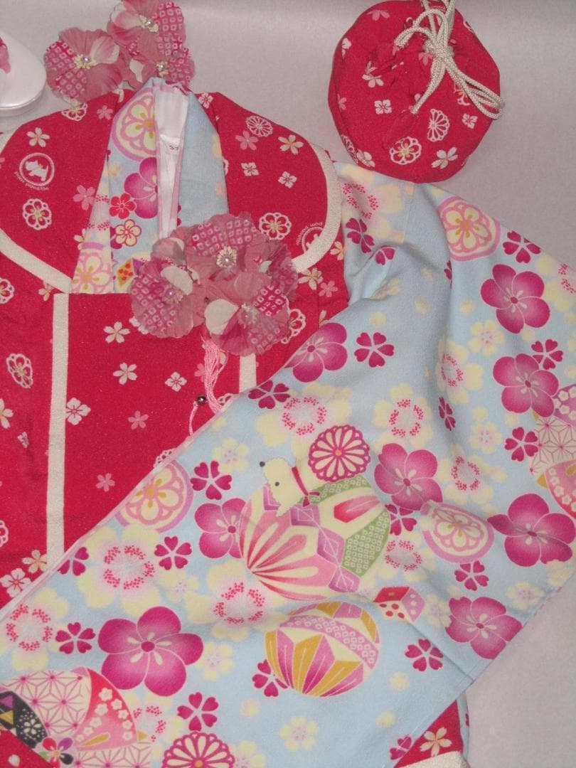★ポンポネット 七五三 3歳用.被布女の子セット巾着 髪飾り 長襦袢 草履付きA