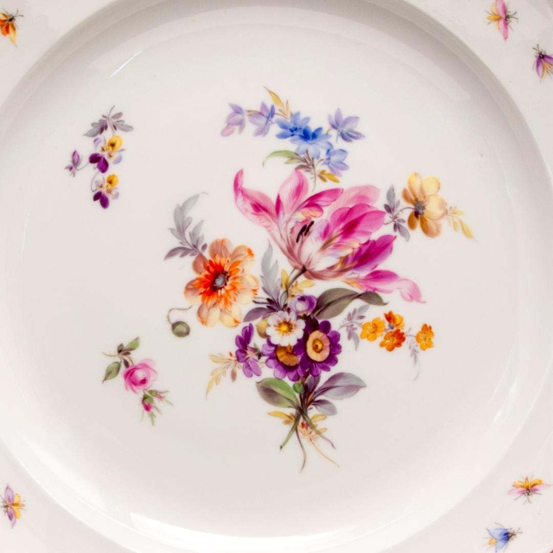 古マイセン 金彩 花のブーケと虫の絵付け 19C末 大皿 直径 34cm