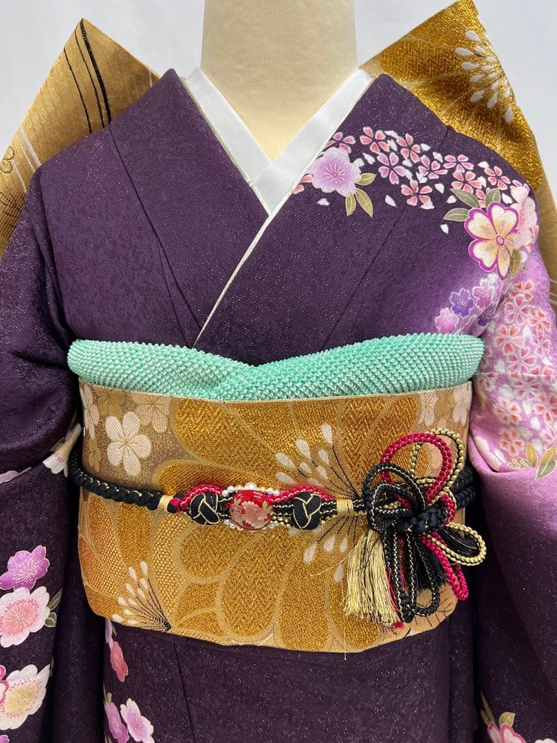 振り袖　フルセット　別誂長襦袢付　金彩加工　刺繍　銀通し　全通袋帯　紫　732