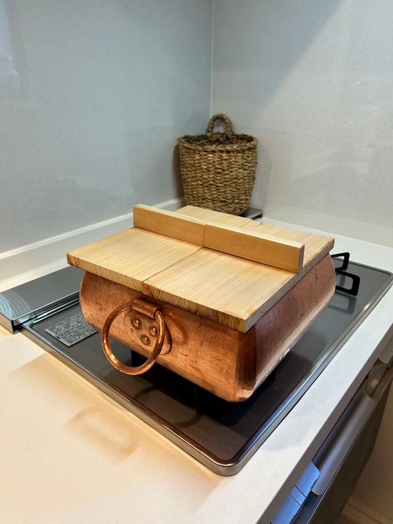 茂作　銅製四角鍋 木製蓋付き