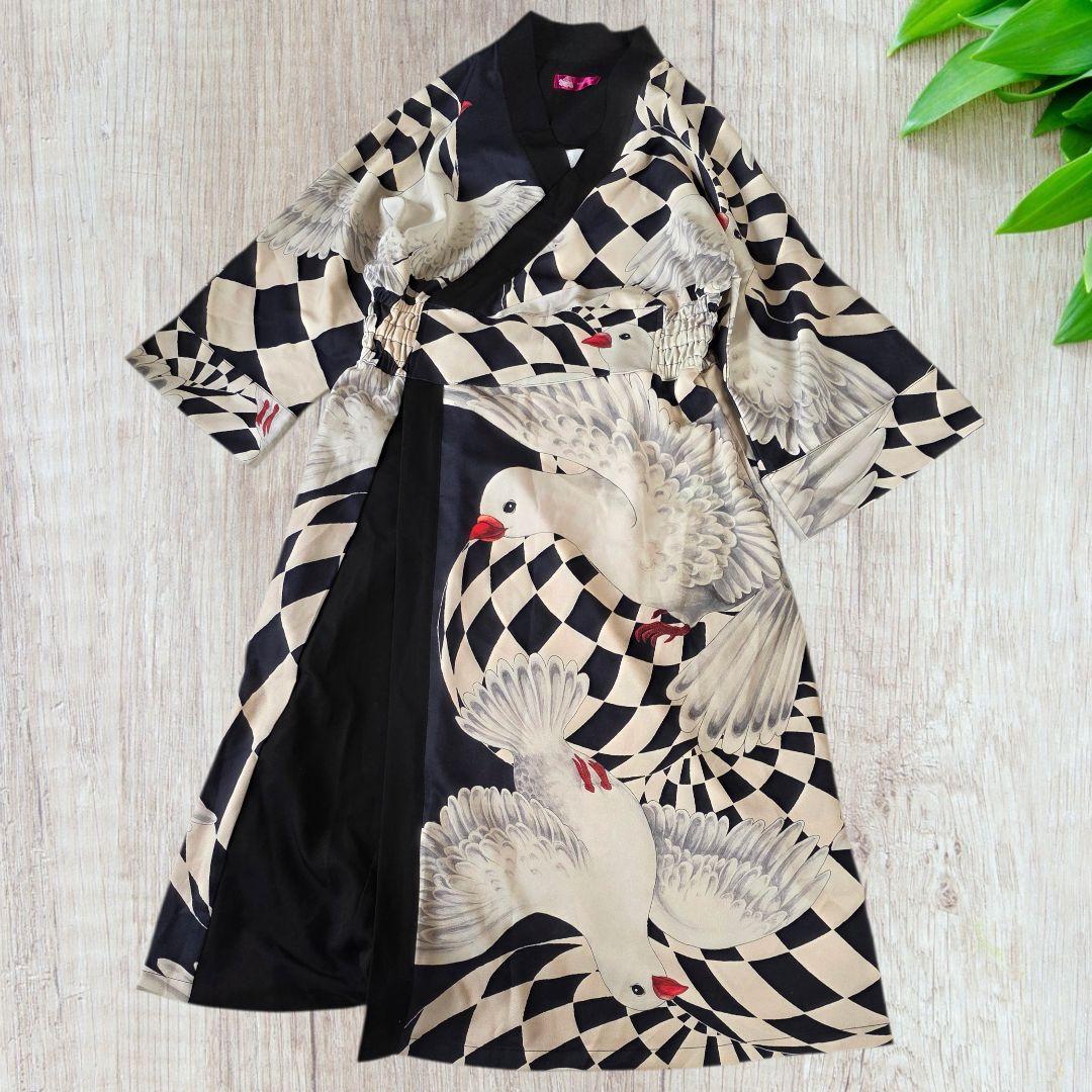 重宗玉緒 コラボ ワンピース 着物 鳩 冬 和装 和服 カジュアル 現代和装　袷
