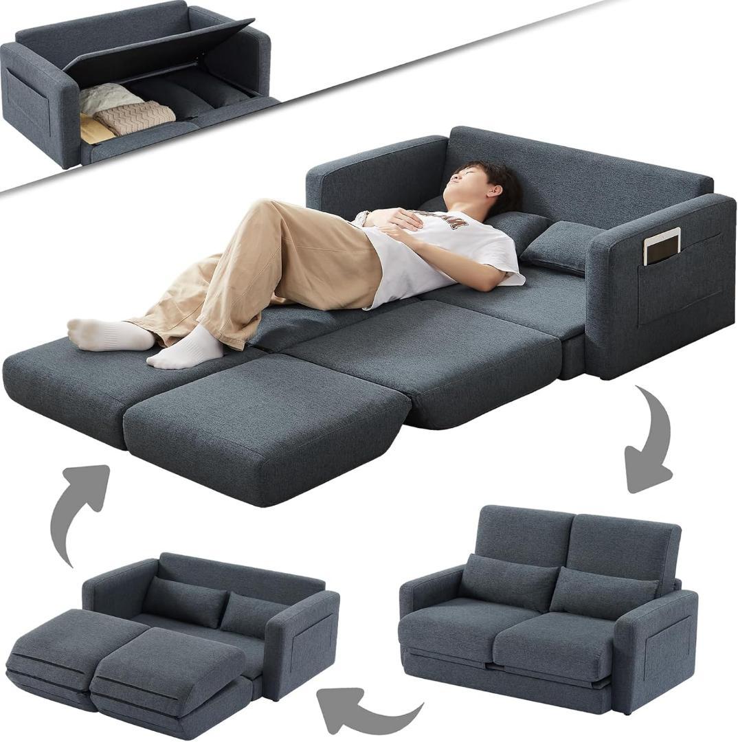 ソファ 2人掛け 収納付き ファブリック 両側に肘掛け付き ローソファ