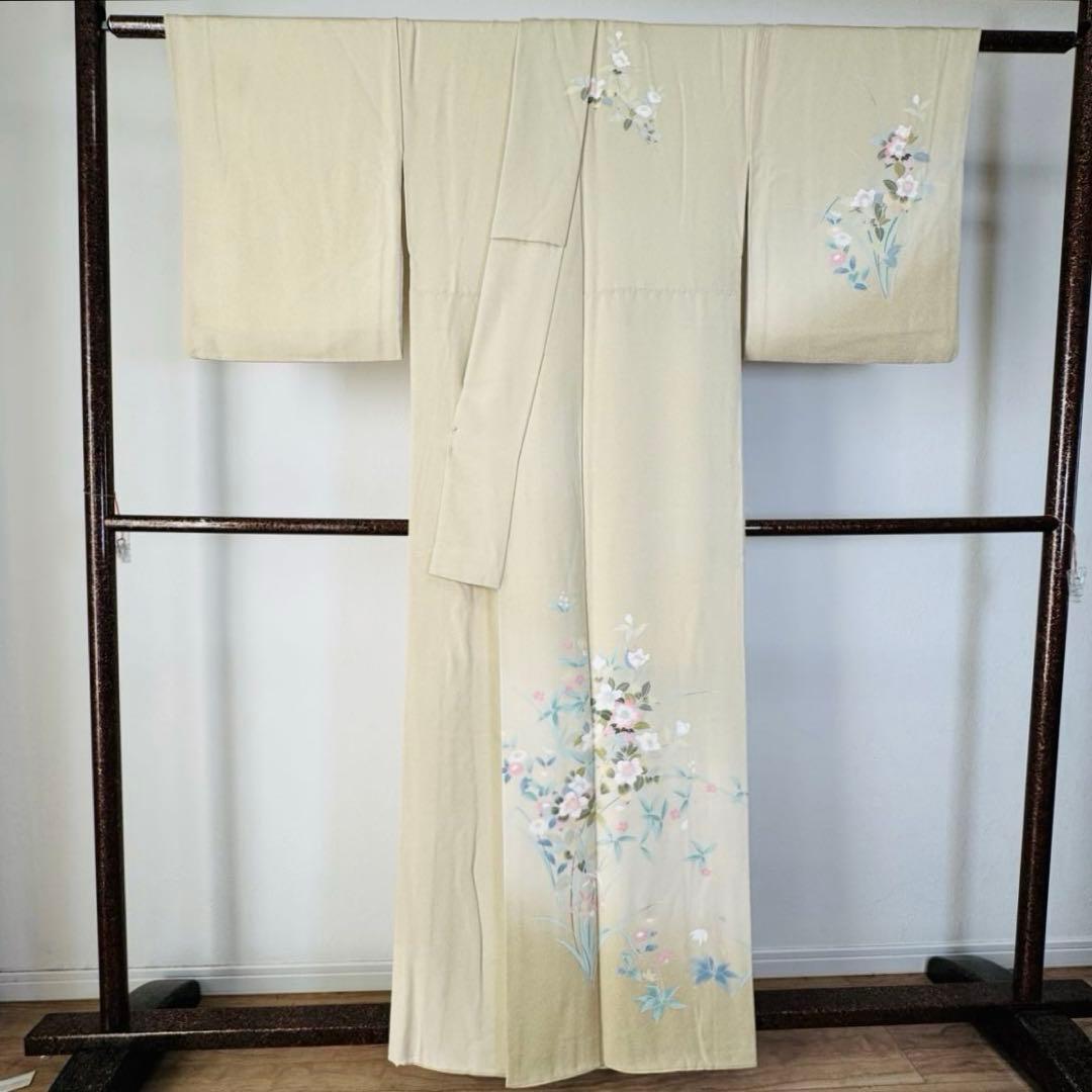 超美品　正絹　袷　訪問着　着物　着丈161　裄66　クリーム　黄緑　水色　ピンク
