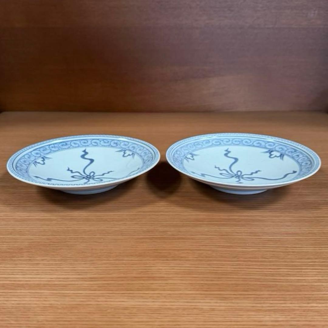 有田焼 李荘窯 染付水引地紋 手造り渕付皿 2枚セット☆
