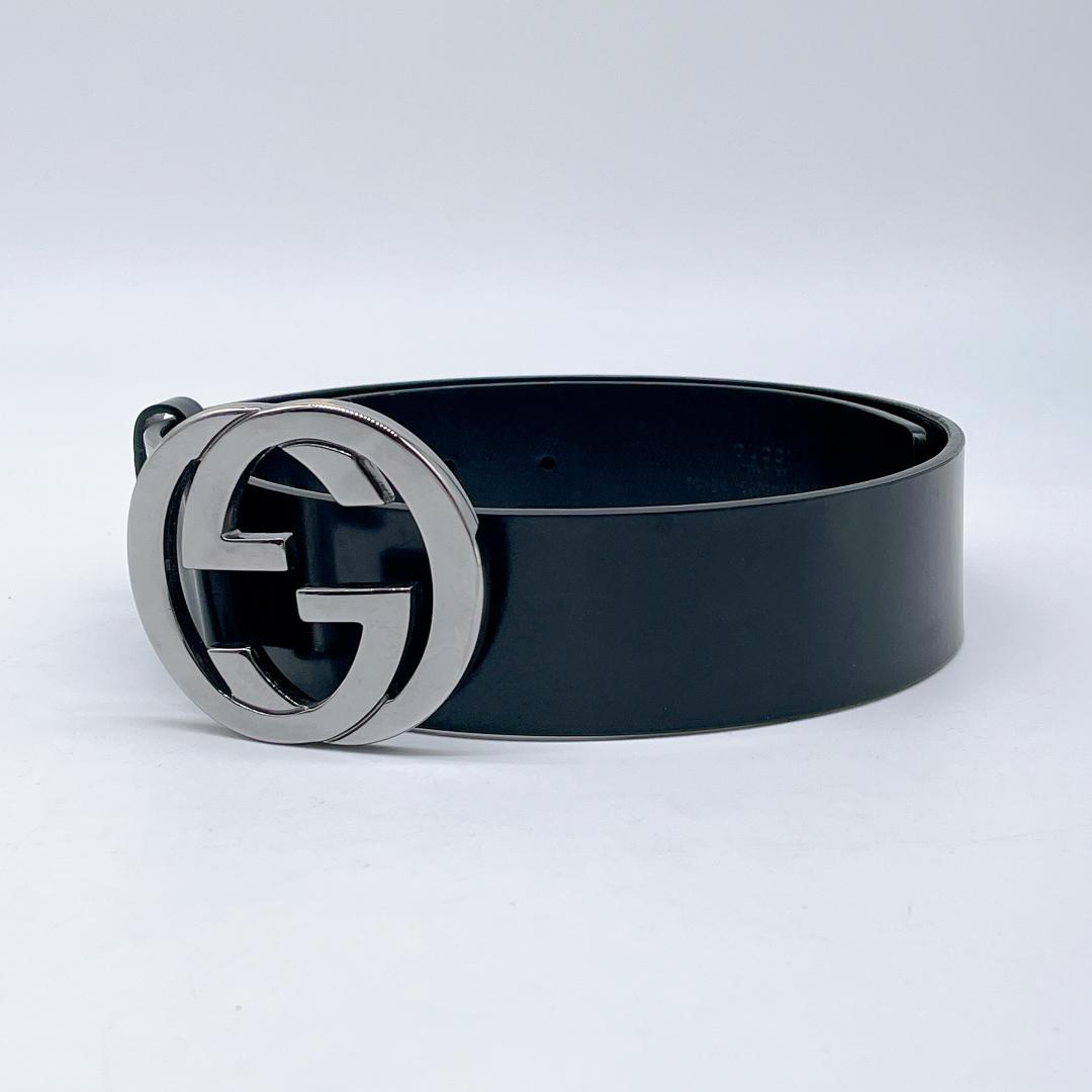 美品 GUCCI インターロッキング ベルト シルバー ブラックm469