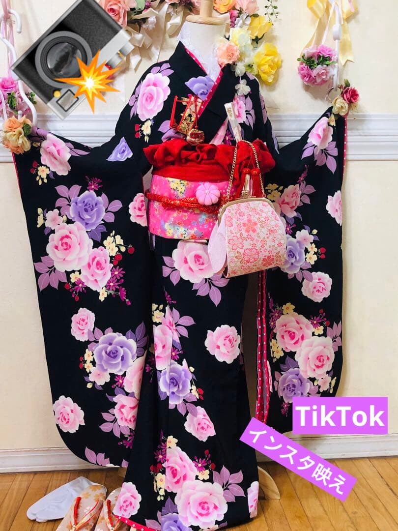 松田聖子プロディース❣️女の子７歳　❣️四つ身薔薇黒地　❣️完全フルセットlovely