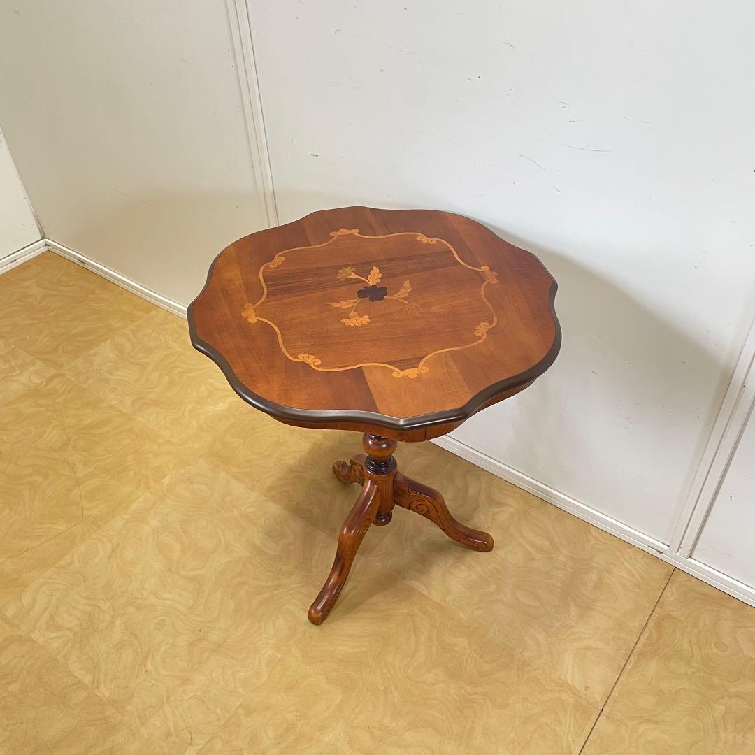 イタリア サイドテーブル 猫脚 象嵌 彫刻 アンティーク調 花台 コンソール