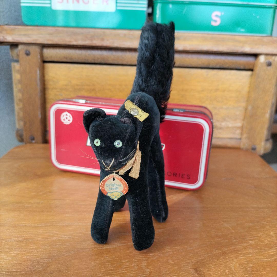 ビンテージ　シュタイフ　トム　キャット 黒猫　別珍製　高さ10cm ①