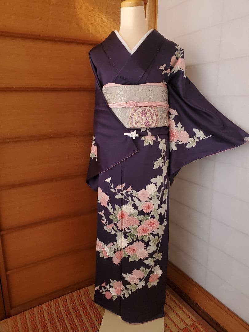 【美品＊着物帯セット】お花の訪問着　濃紺　帝王紫の袋帯　正絹　本日特価☆　裄67