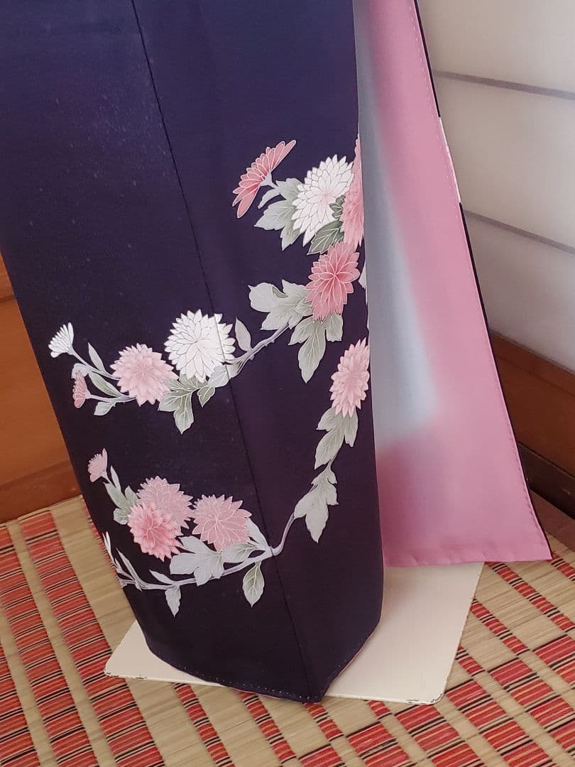【美品＊着物帯セット】お花の訪問着　濃紺　帝王紫の袋帯　正絹　本日特価☆　裄67