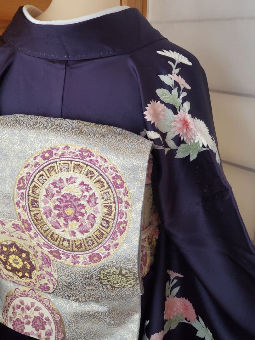 【美品＊着物帯セット】お花の訪問着　濃紺　帝王紫の袋帯　正絹　本日特価☆　裄67