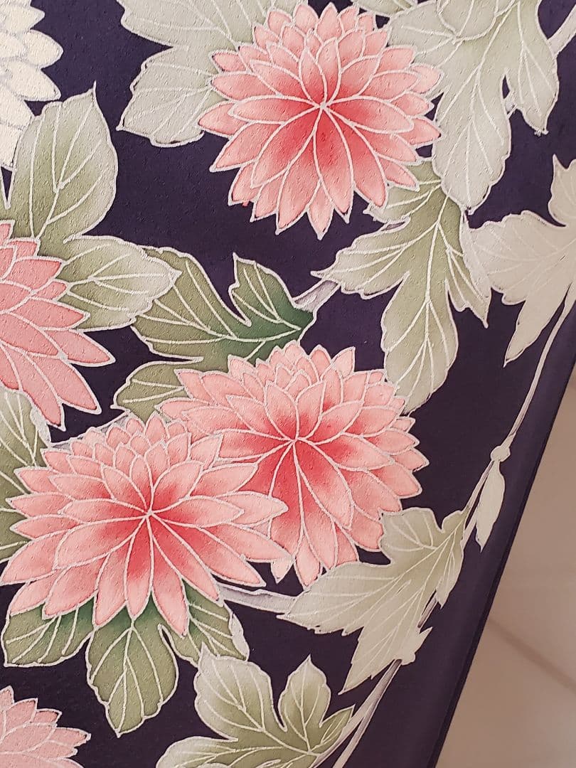 【美品＊着物帯セット】お花の訪問着　濃紺　帝王紫の袋帯　正絹　本日特価☆　裄67