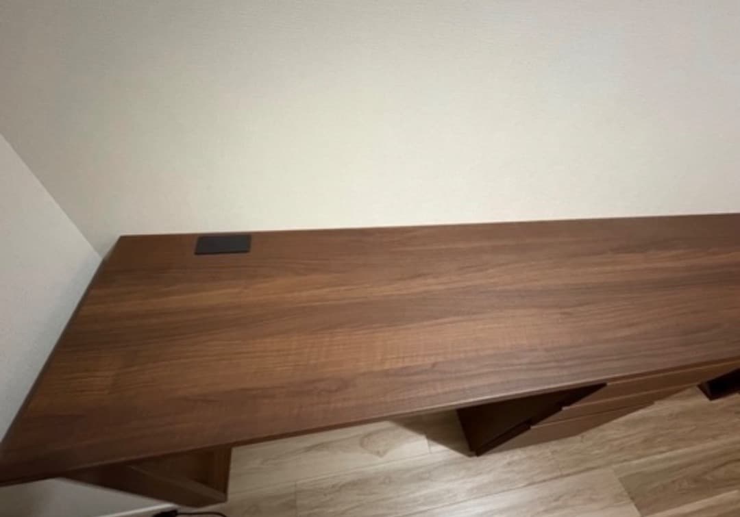 パモウナ　家具　2人掛け　ブラウン木製デスク 引き出し3つ ケーブルホール付き