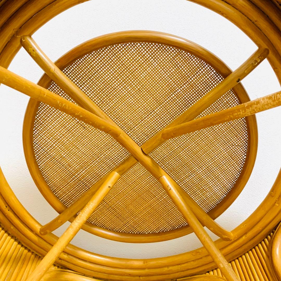 籐家具　　ラタンテーブル　ローテーブル　ガラス天板付き　丸テーブル　昭和レトロ