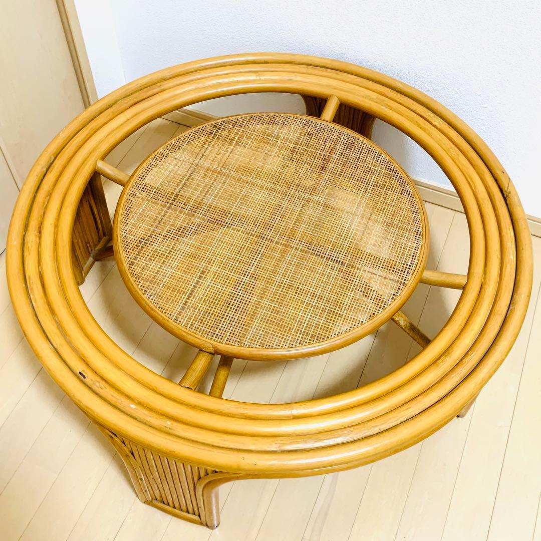 籐家具　　ラタンテーブル　ローテーブル　ガラス天板付き　丸テーブル　昭和レトロ