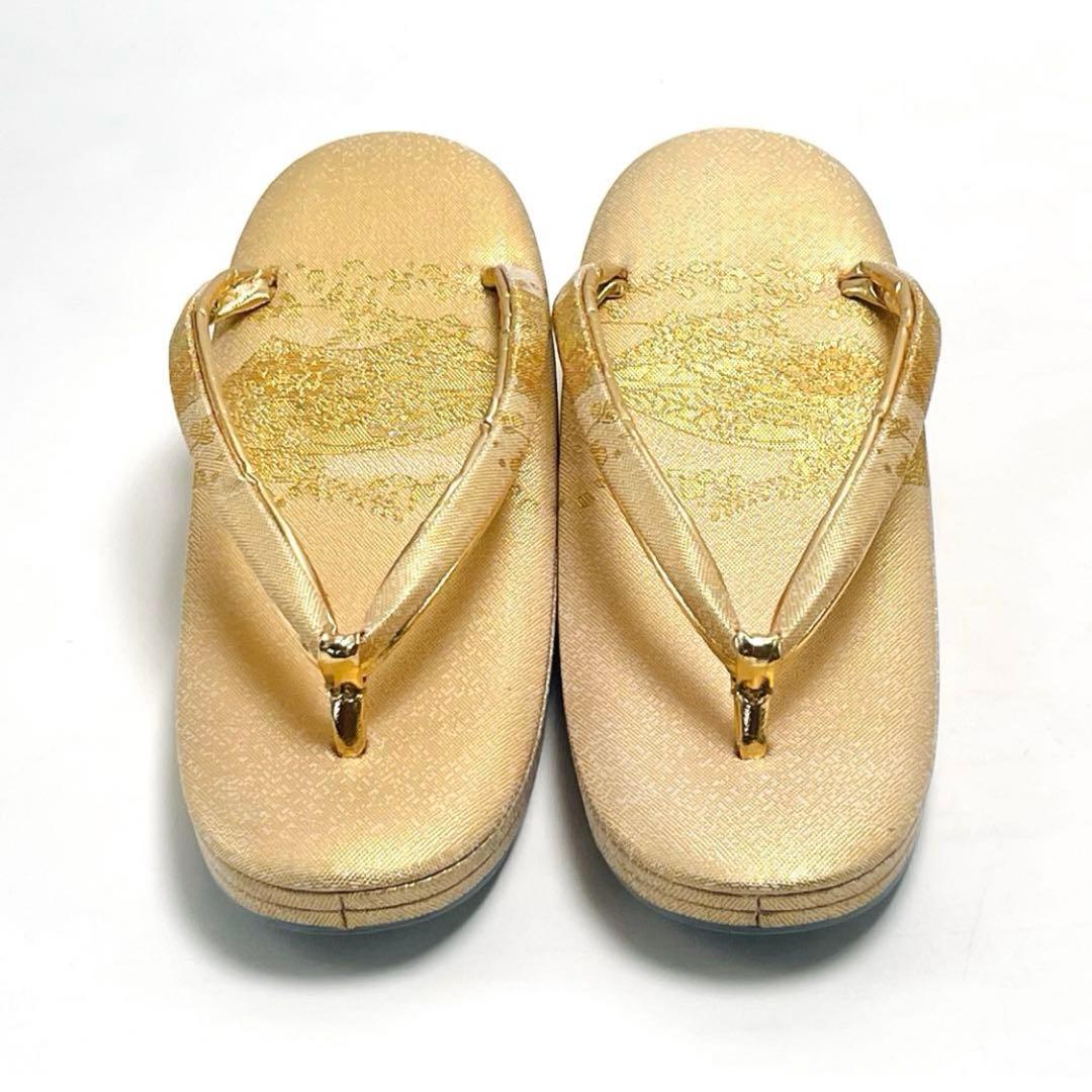 最終価格 新春セール 美品 創作 御誂 和装用バッグ 草履 2点セット ゴールド