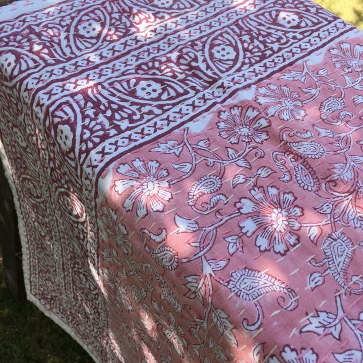 #127 カンタキルト　ブロックプリント　ピンク