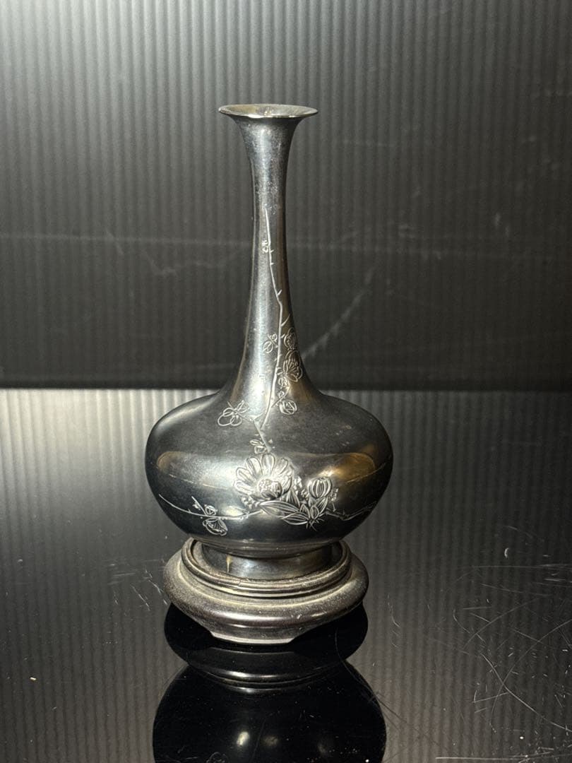 明治期 純銀 在銘 細密彫金 花図 花瓶 花生 約84.5g