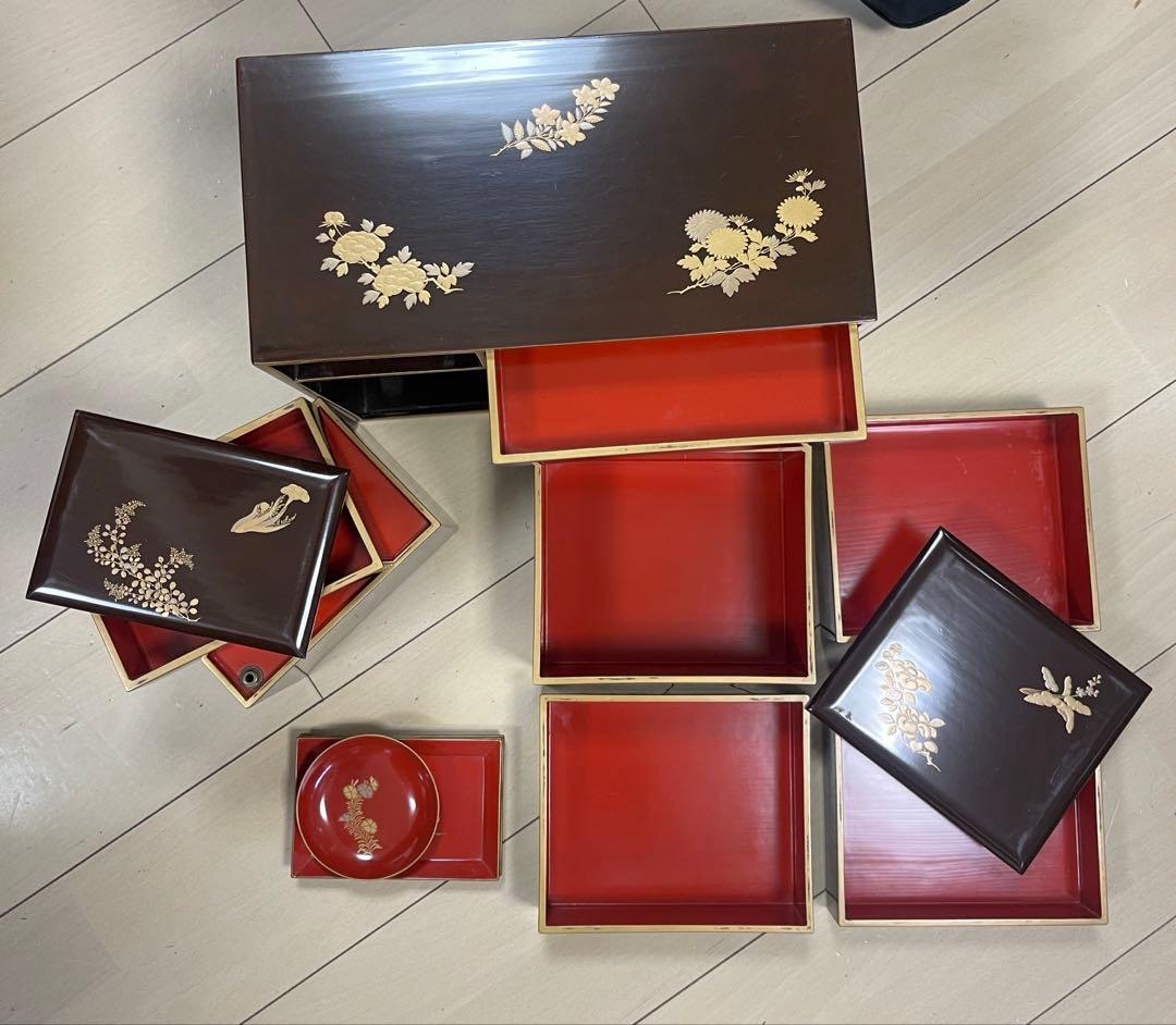 【茶道具】蒔絵野弁当　野点　弁当箱　花見重　年代物　漆器　金蒔絵　重箱