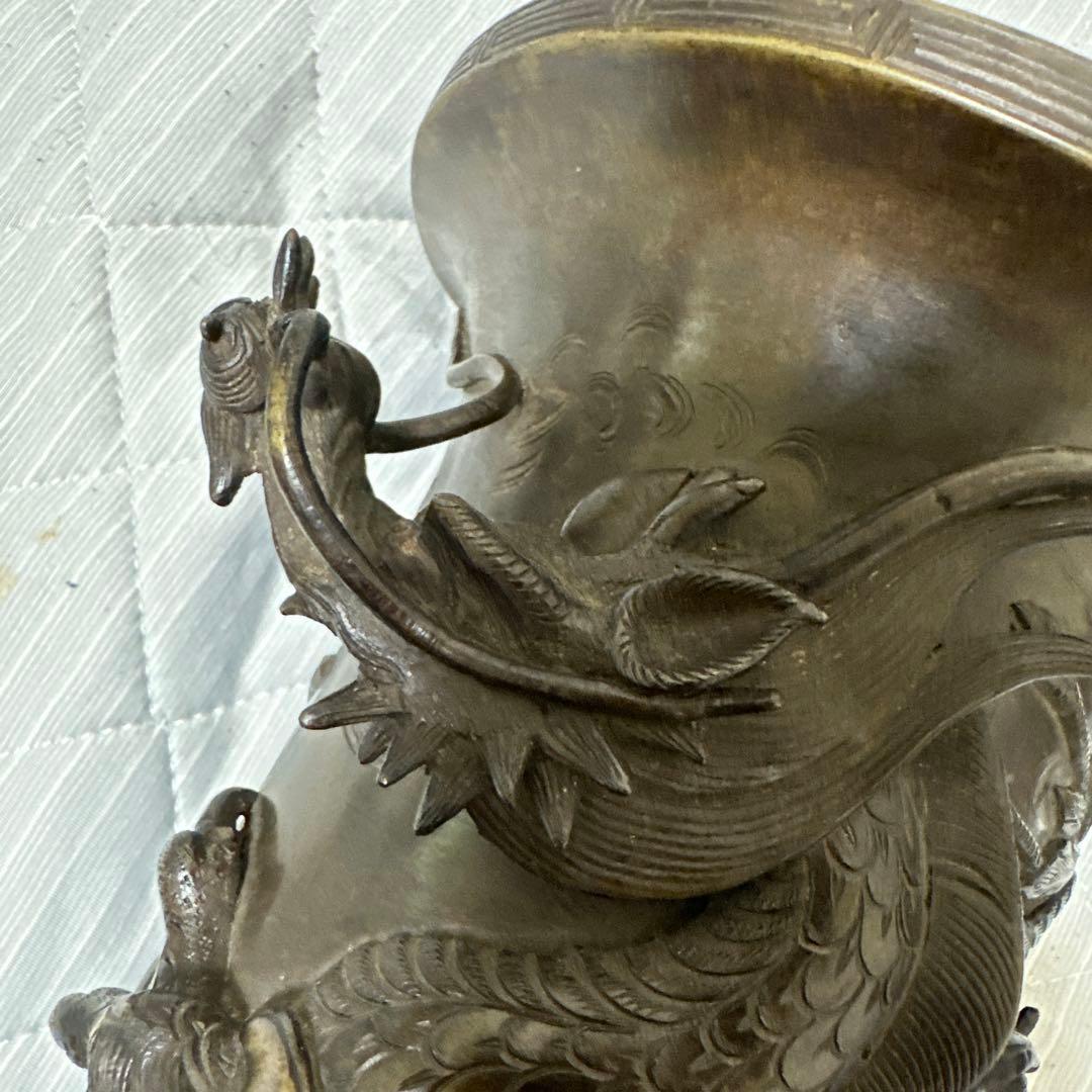 時代物 中国 日本 銅器 龍の置物 鶴亀 薄端 花器 金属工芸 花瓶 龍花瓶