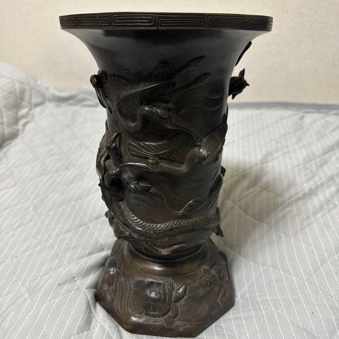 時代物 中国 日本 銅器 龍の置物 鶴亀 薄端 花器 金属工芸 花瓶 龍花瓶