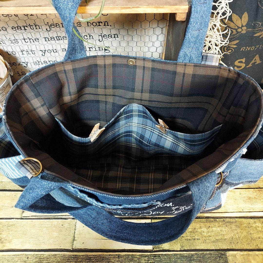 刺繍デニムバック　No.652　デニムリメイク　刺繍バック　サイドポケット