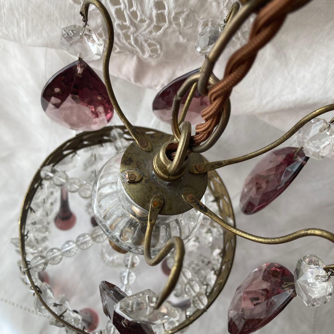 *訳あり クリスタルティアドロップ 1灯シャンデリア 薄紫 フランスアンティーク