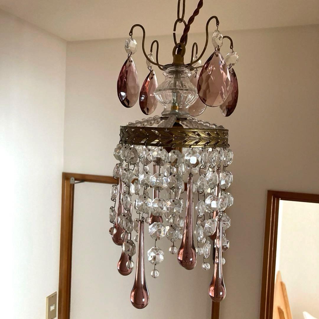 *訳あり クリスタルティアドロップ 1灯シャンデリア 薄紫 フランスアンティーク