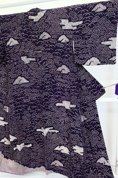 美品 訪問着 濃紫 絞り 風景柄 楓 松 花文 身丈158cm 裄丈69cm