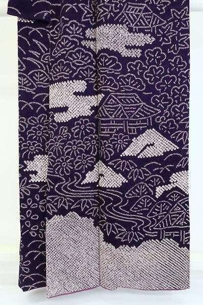 美品 訪問着 濃紫 絞り 風景柄 楓 松 花文 身丈158cm 裄丈69cm