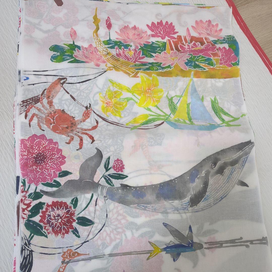 浴衣 反物 綿 海の生き物 型絵染