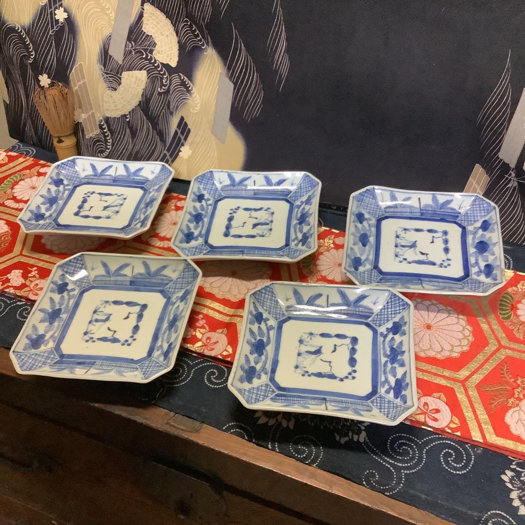 古伊万里　染付　線描　松竹梅　角皿　江戸　銘有　5客　大聖寺・李朝・輪島塗好き