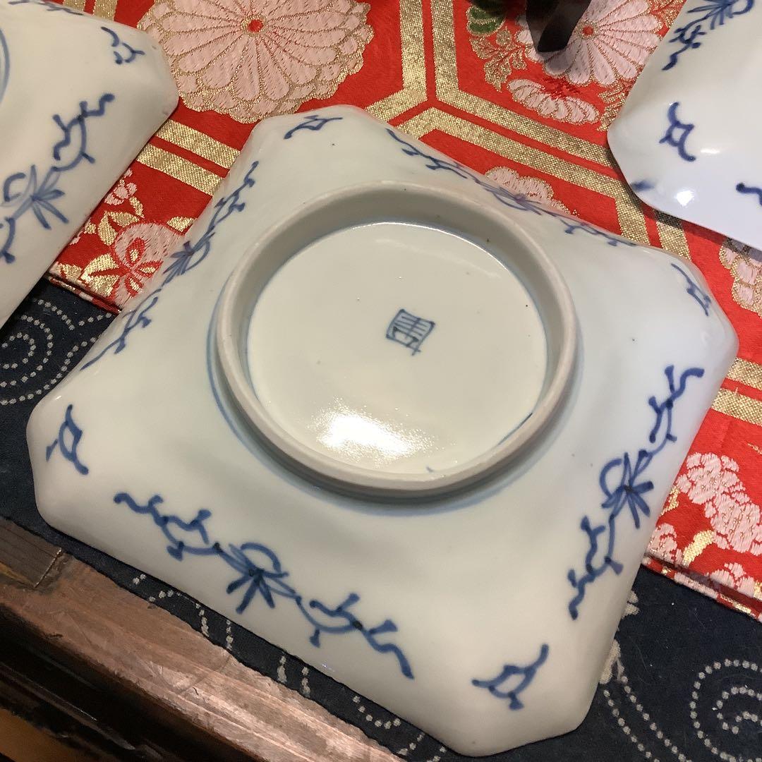 古伊万里　染付　線描　松竹梅　角皿　江戸　銘有　5客　大聖寺・李朝・輪島塗好き