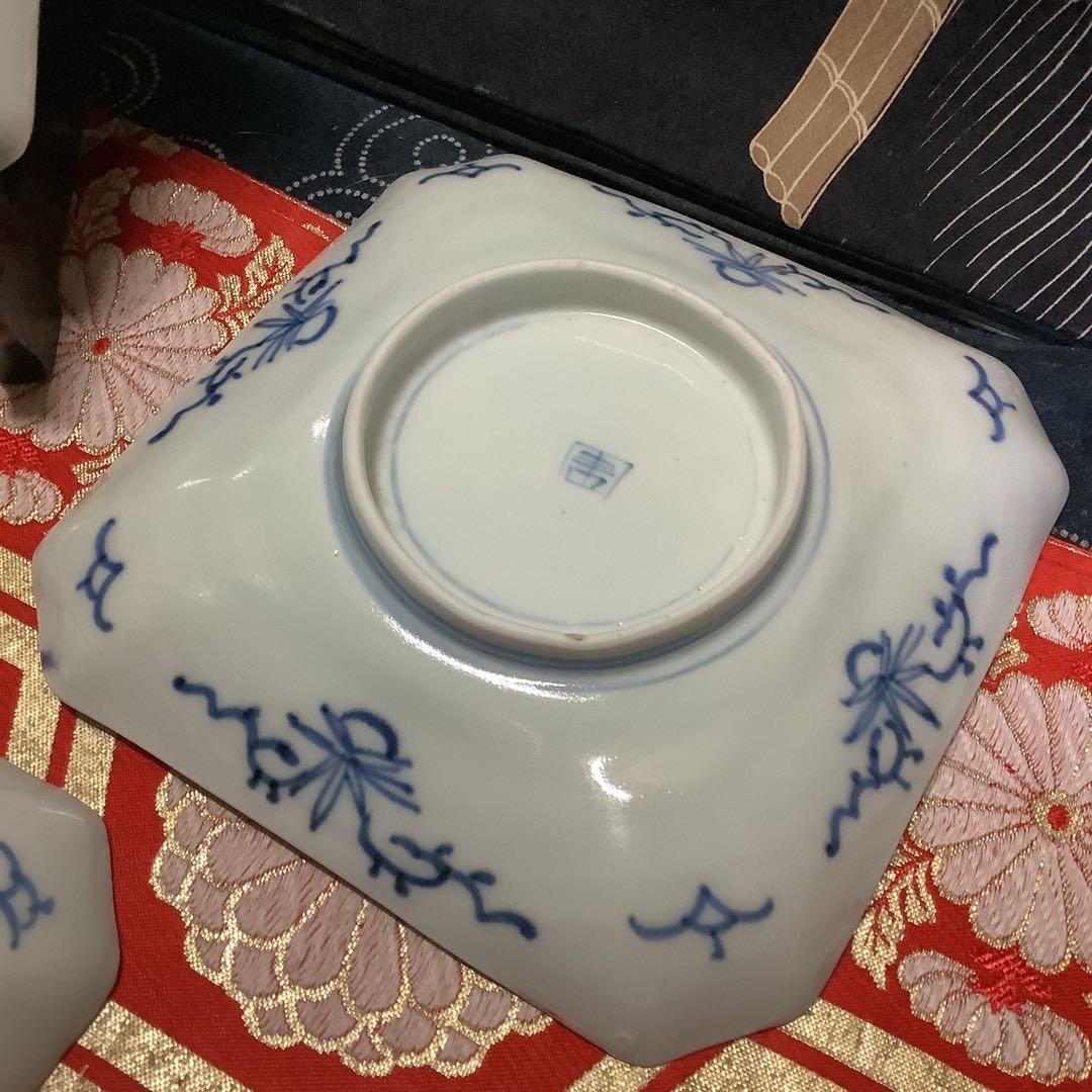 古伊万里　染付　線描　松竹梅　角皿　江戸　銘有　5客　大聖寺・李朝・輪島塗好き