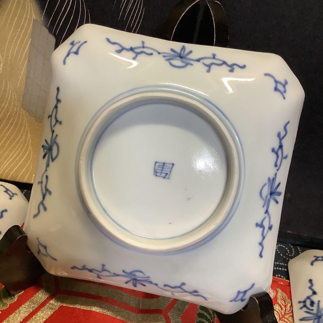 古伊万里　染付　線描　松竹梅　角皿　江戸　銘有　5客　大聖寺・李朝・輪島塗好き