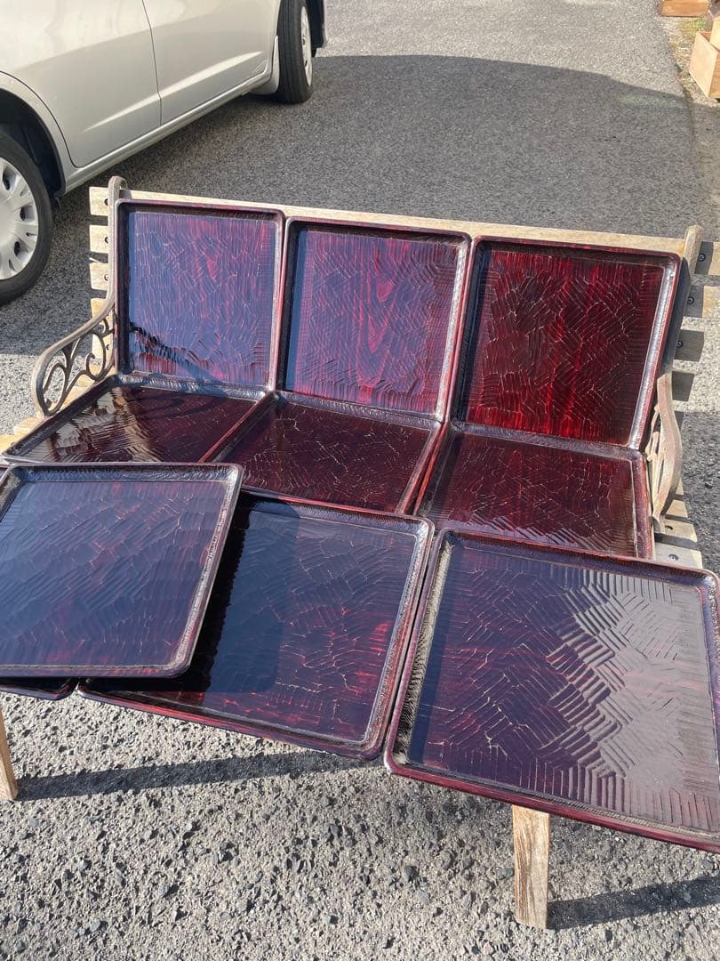 讃岐盆　木製彫刻模様入り　正方形　お盆　トレー　11客