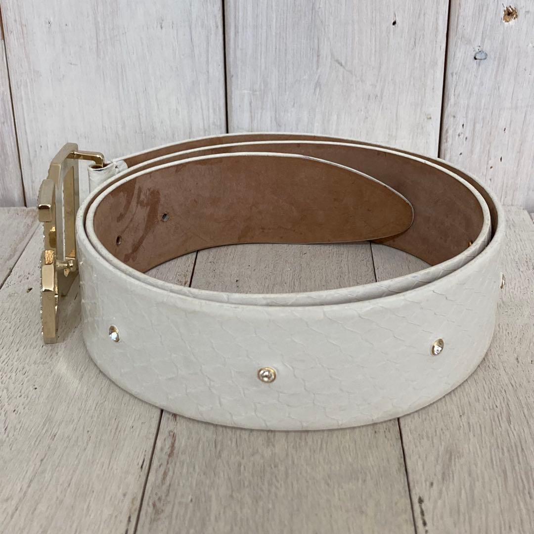 D&G ドルチェ＆ガッバーナ ベルト レザー ラインストーンロゴ ホワイト