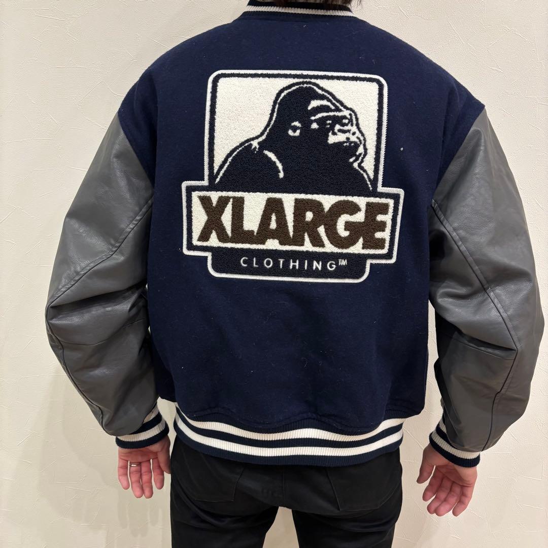 【超人気】エクストララージ☆ 袖切り替えパイルロゴウールスタジャン M ネイビー