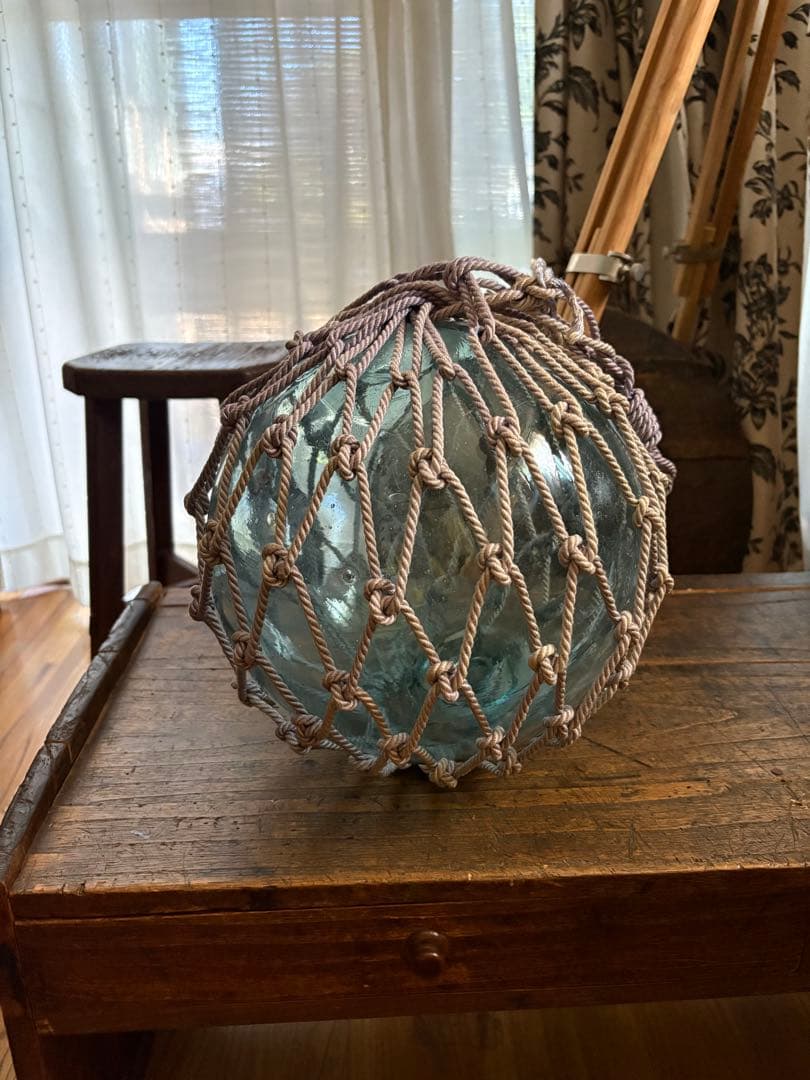 【特大25cm】ヴィンテージ 浮ガラス 浮き玉 吹きガラス 網付レトロ オブジェ